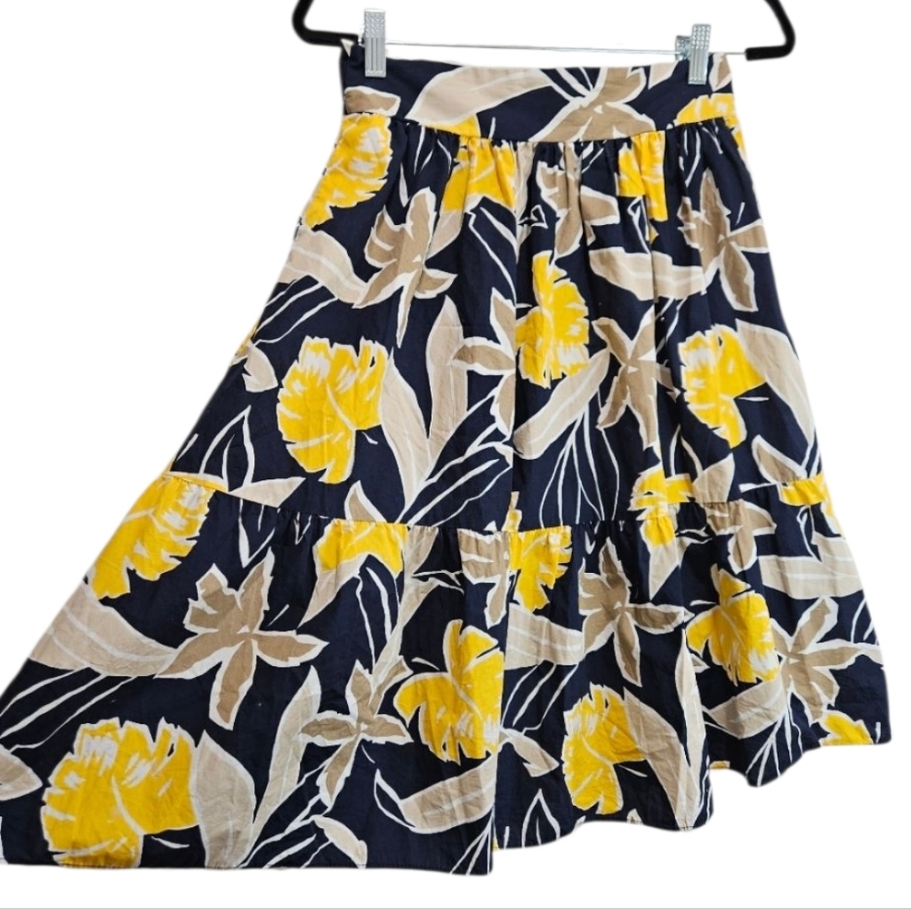Zara Skirt Womens Size XS Extra Small Navy Blue Yellow Tan Flower Floral Cotton